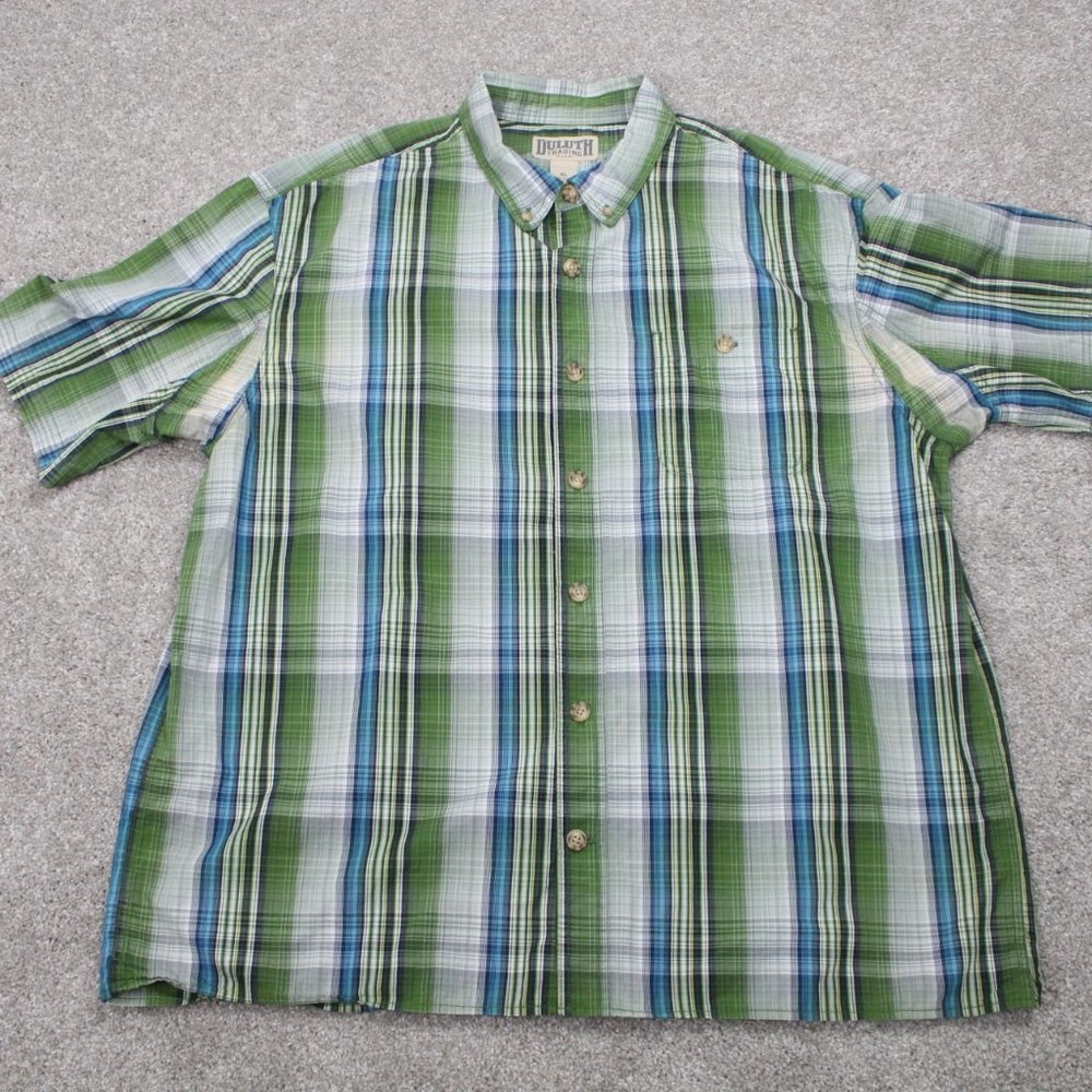 Duluth Trading BBQ Shirt Mens XL Green/Blue/White Plaid‎ Short Sleeve Button